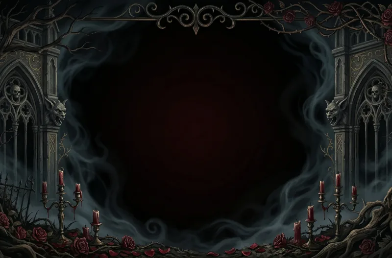 Horror Quest key art: a gothic stone archway with gargoyles, candles, roses and drifting fog around the Horror Quest skull-and-roses emblem