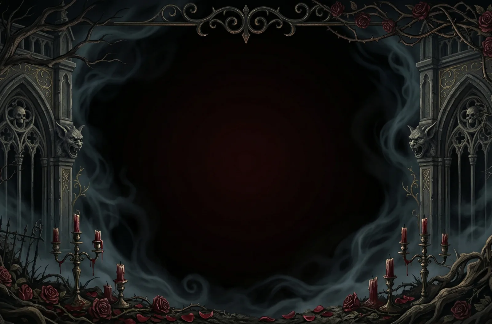 Horror Quest key art: a gothic stone archway with gargoyles, candles, roses and drifting fog around the Horror Quest skull-and-roses emblem