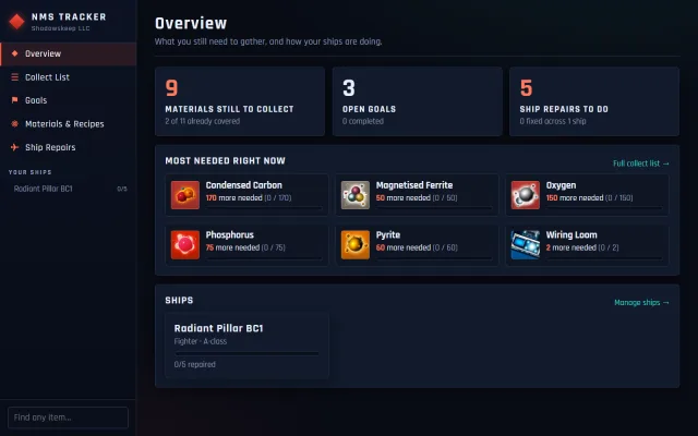 NMS Tracker overview screen showing materials still to collect, open goals, ship repairs to do and the most needed materials right now